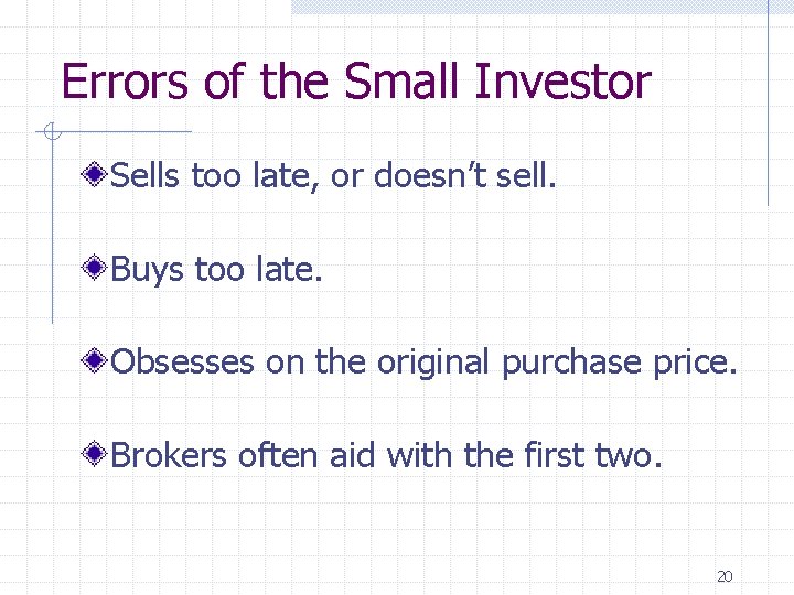 Errors of the Small Investor Sells too late, or doesn’t sell. Buys too late.