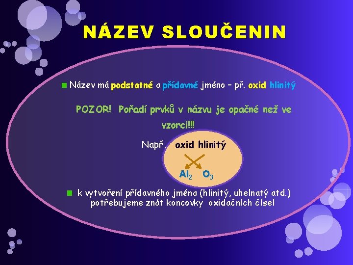 NÁZEV SLOUČENIN Název má podstatné a přídavné jméno – př. oxid hlinitý POZOR! Pořadí