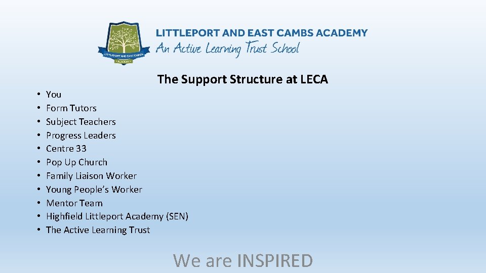 The Support Structure at LECA • • • You Form Tutors Subject Teachers Progress