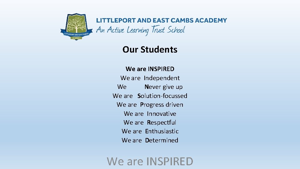 Our Students We are INSPIRED We are Independent We Never give up We are