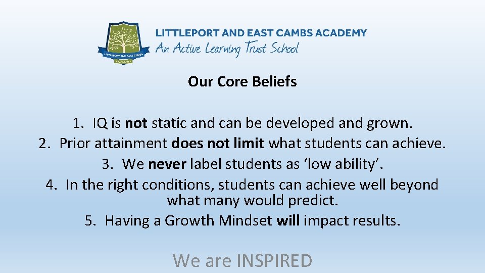 Our Core Beliefs 1. IQ is not static and can be developed and grown.