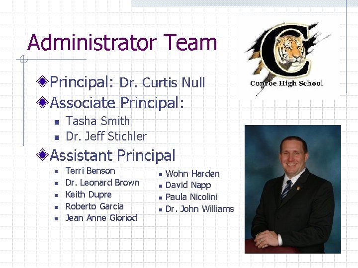 Administrator Team Principal: Dr. Curtis Null Associate Principal: n n Tasha Smith Dr. Jeff