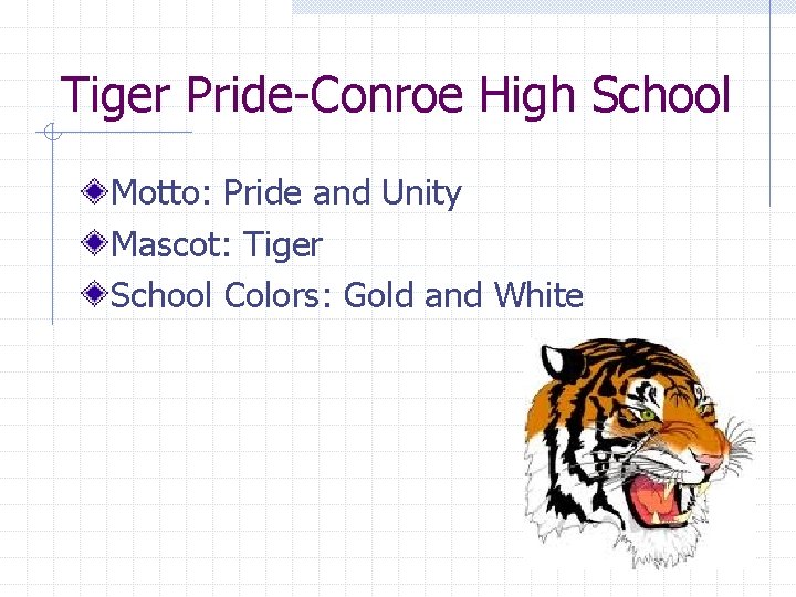 Tiger Pride-Conroe High School Motto: Pride and Unity Mascot: Tiger School Colors: Gold and