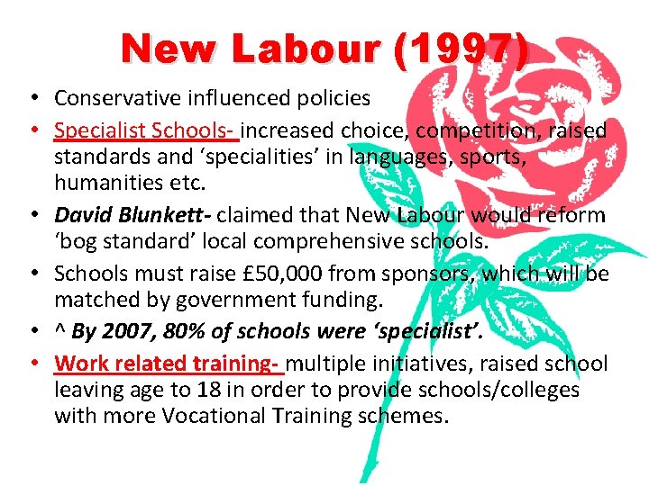 New Labour (1997) • Conservative influenced policies • Specialist Schools- increased choice, competition, raised