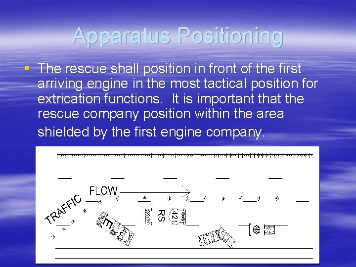 Apparatus Positioning § The rescue shall position in front of the first arriving engine