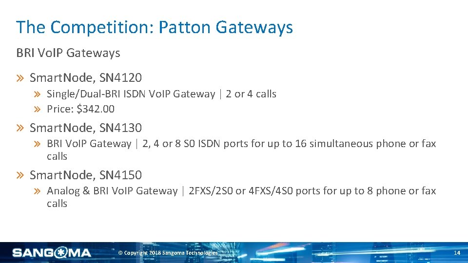 The Competition: Patton Gateways BRI Vo. IP Gateways Smart. Node, SN 4120 Single/Dual-BRI ISDN