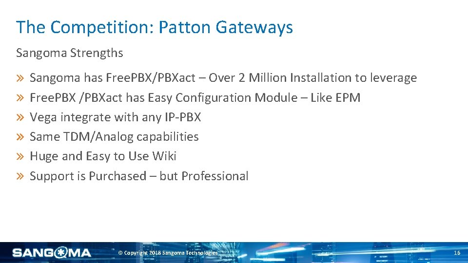 The Competition: Patton Gateways Sangoma Strengths Sangoma has Free. PBX/PBXact – Over 2 Million