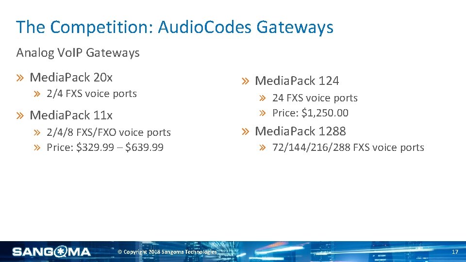 The Competition: Audio. Codes Gateways Analog Vo. IP Gateways Media. Pack 20 x 2/4