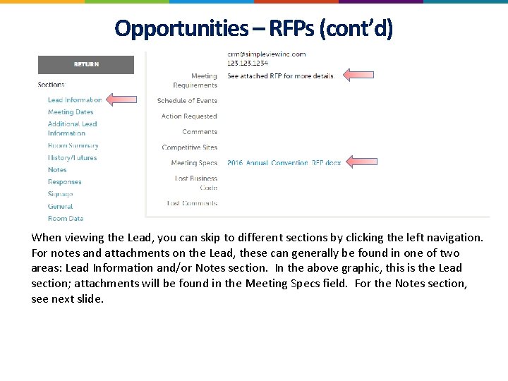 Opportunities – RFPs (cont’d) When viewing the Lead, you can skip to different sections
