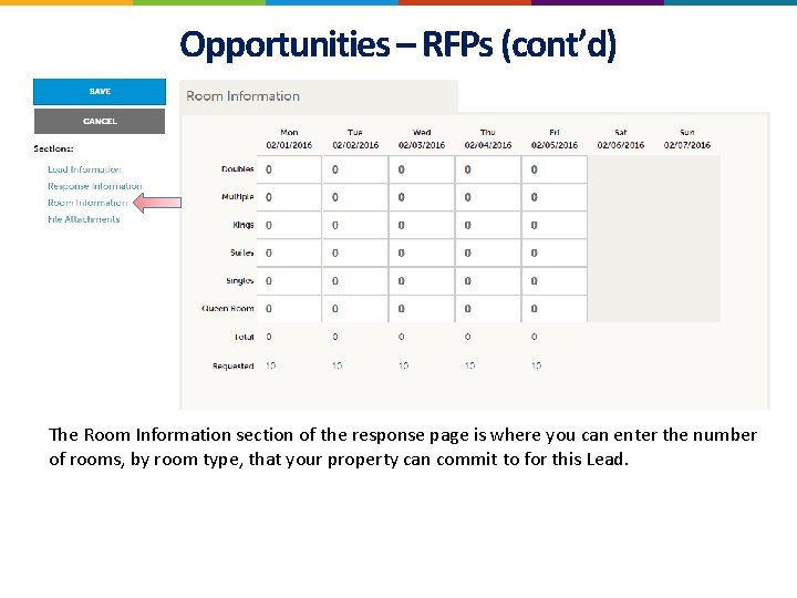 Opportunities – RFPs (cont’d) The Room Information section of the response page is where