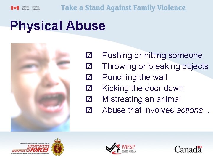 Physical Abuse þ þ þ Pushing or hitting someone Throwing or breaking objects Punching