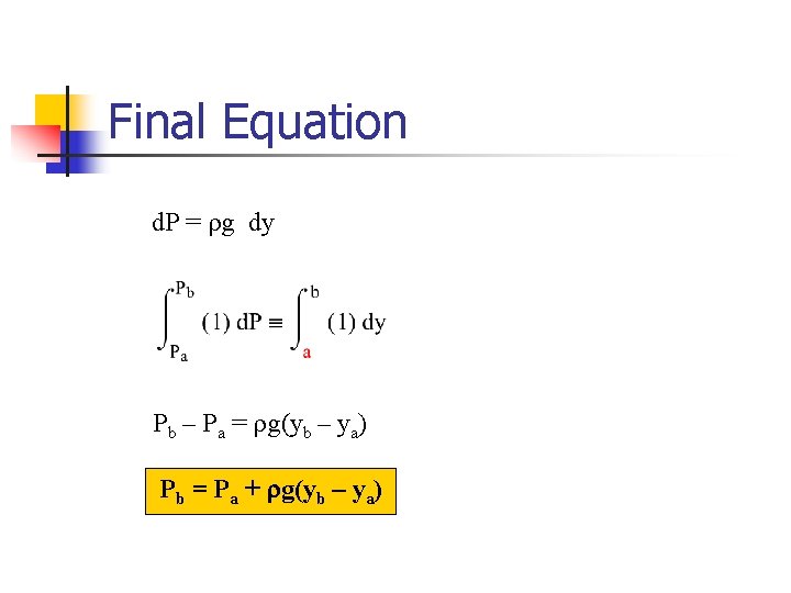 Final Equation d. P = rg dy Pb – Pa = rg(yb – ya)