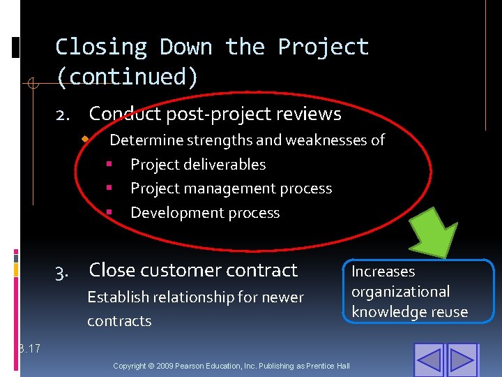 Closing Down the Project (continued) 2. Conduct post-project reviews w Determine strengths and weaknesses