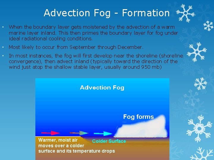 Advection Fog - Formation • When the boundary layer gets moistened by the advection