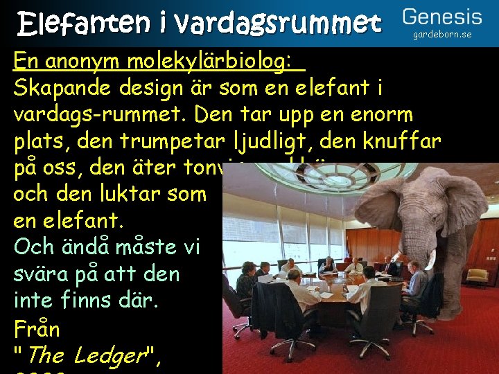 Elefanten i vardagsrummet gardeborn. se En anonym molekylärbiolog: Skapande design är som en elefant