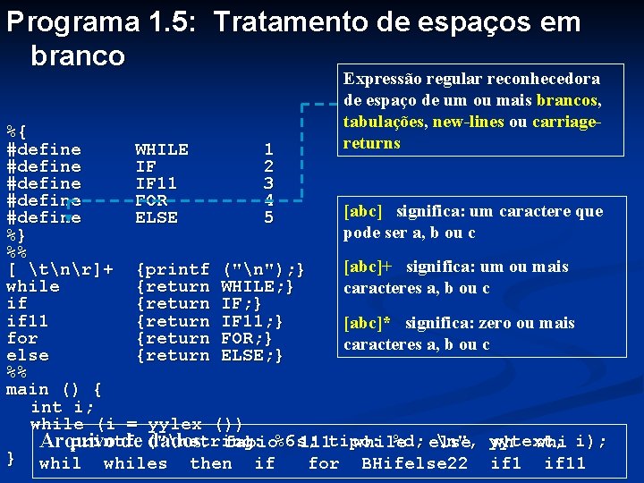 Programa 1. 5: Tratamento de espaços em branco Expressão regular reconhecedora de espaço de