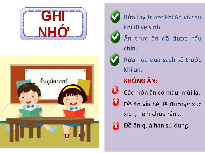 GHI NHỚ Rửa tay trước khi ăn và sau khi đi vệ sinh. Ăn