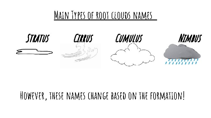 Main Types of root clouds names Stratus Cirrus Cumulus Nimbus However, these names change