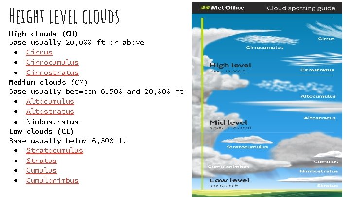 Height level clouds High clouds (CH) Base usually 20, 000 ft or above ●