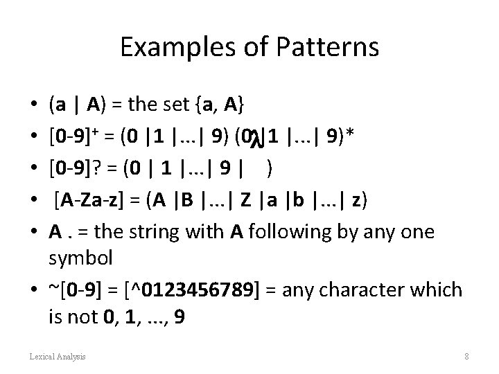 Examples of Patterns (a | A) = the set {a, A} [0 -9]+ =