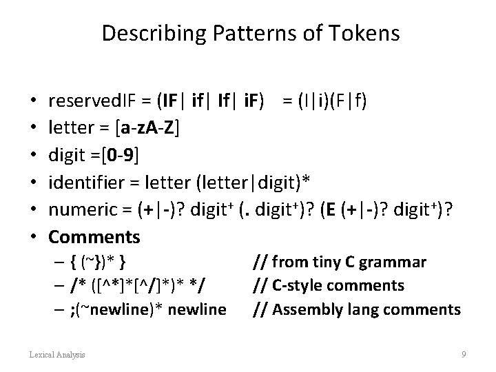 Describing Patterns of Tokens • • • reserved. IF = (IF| if| If| i.