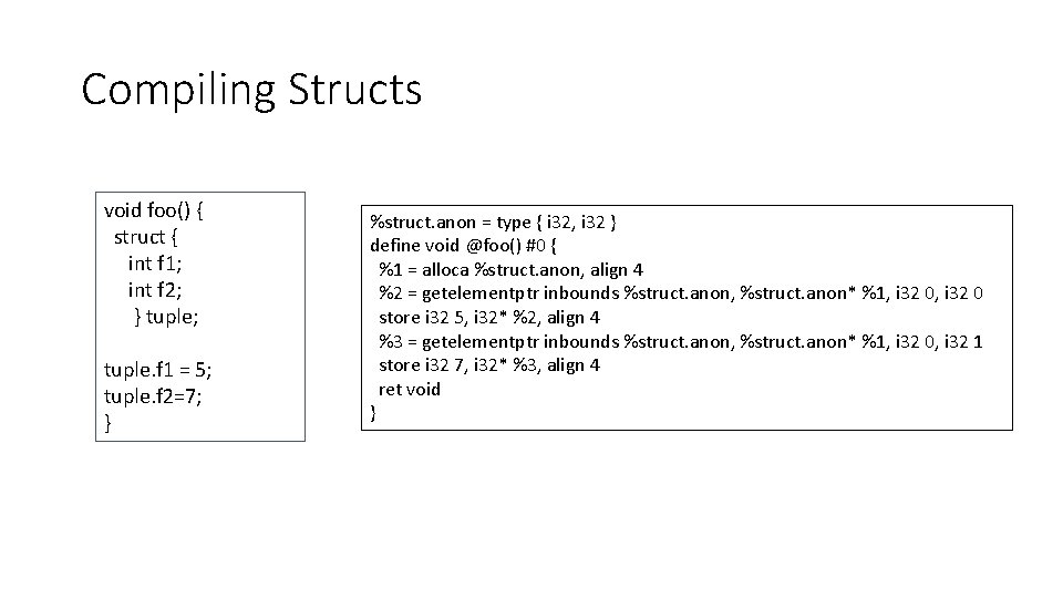 Compiling Structs void foo() { struct { int f 1; int f 2; }