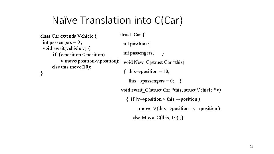 Naïve Translation into C(Car) struct Car { class Car extends Vehicle { int passengers