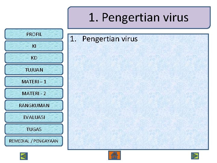 1. Pengertian virus PROFIL KI KD TUJUAN MATERI – 1 MATERI - 2 RANGKUMAN