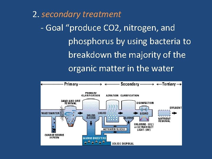 2. secondary treatment - Goal “produce CO 2, nitrogen, and phosphorus by using bacteria