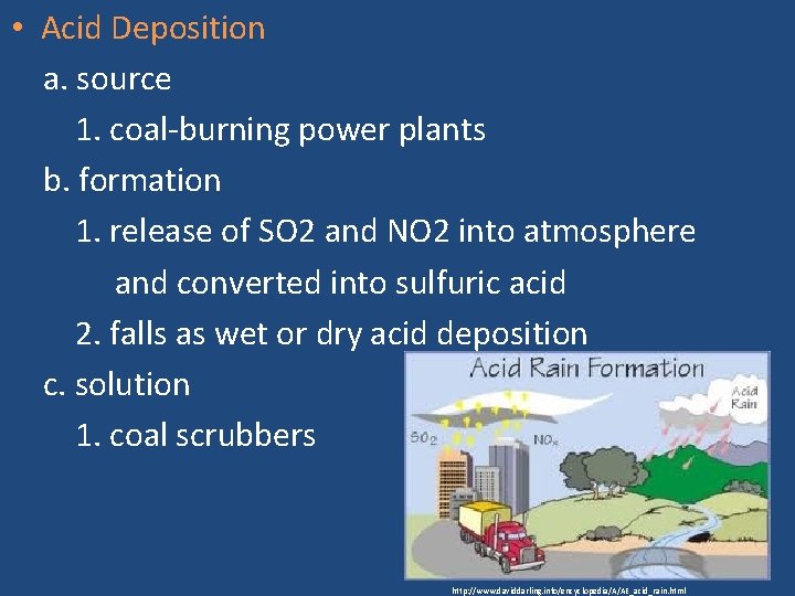  • Acid Deposition a. source 1. coal-burning power plants b. formation 1. release