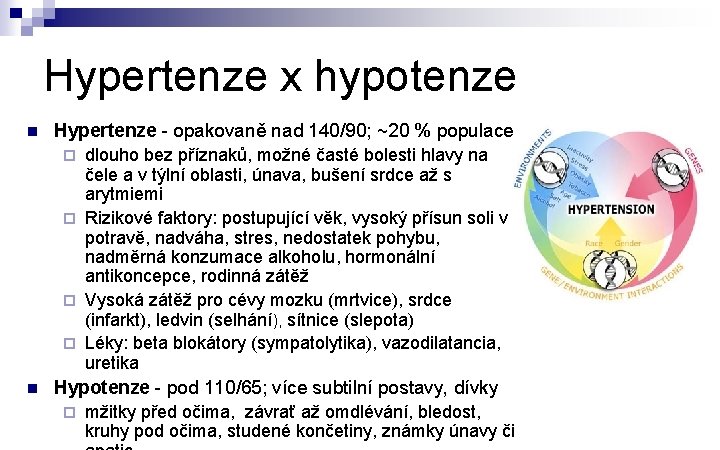 Hypertenze x hypotenze n Hypertenze - opakovaně nad 140/90; ~20 % populace dlouho bez