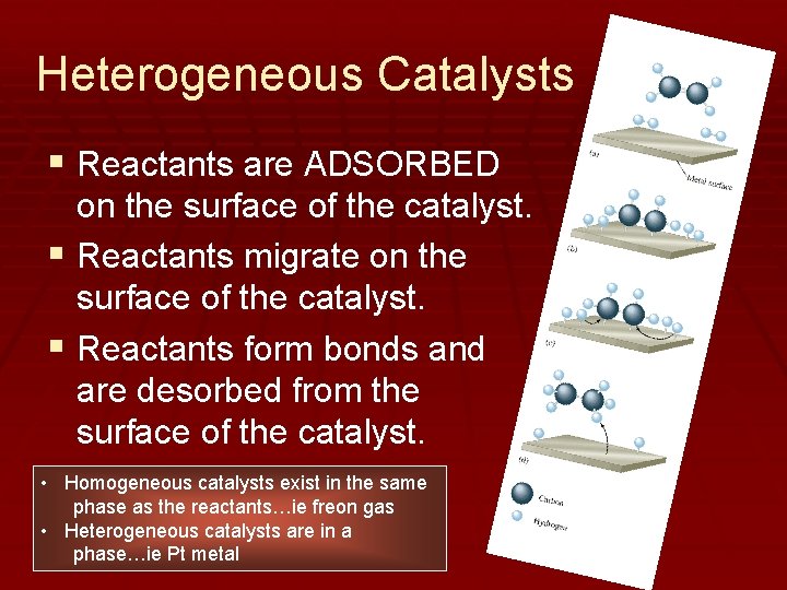 Heterogeneous Catalysts § Reactants are ADSORBED on the surface of the catalyst. § Reactants