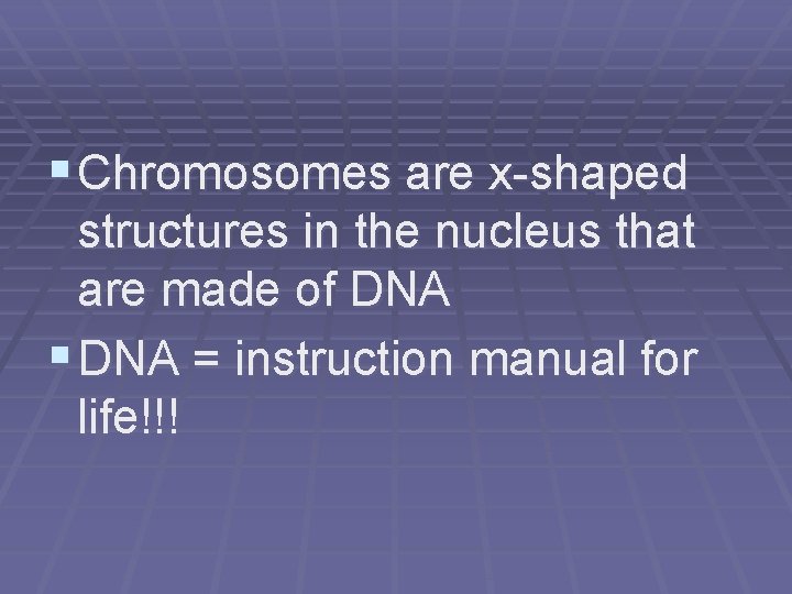§ Chromosomes are x-shaped structures in the nucleus that are made of DNA §