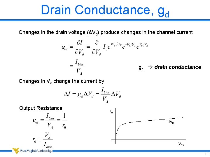 Drain Conductance, gd Changes in the drain voltage (ΔVd) produce changes in the channel Drain Conductance, gd Changes in the drain voltage (ΔVd) produce changes in the channel