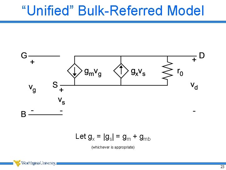 “Unified” Bulk-Referred Model Let gx = |gs| = gm + gmb (whichever is appropriate) “Unified” Bulk-Referred Model Let gx = |gs| = gm + gmb (whichever is appropriate)