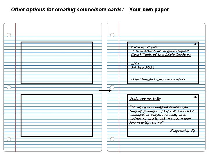 Other options for creating source/note cards: Your own paper 4 Brown, David “Life and