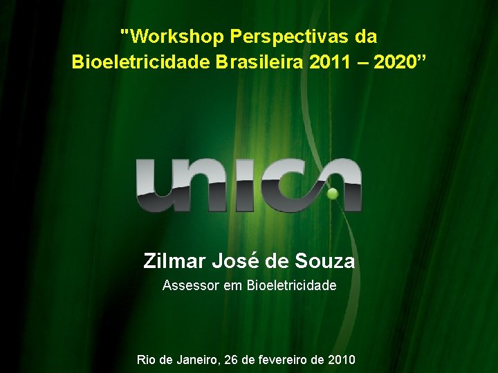 "Workshop Perspectivas da Bioeletricidade Brasileira 2011 – 2020” Zilmar José de Souza Assessor em