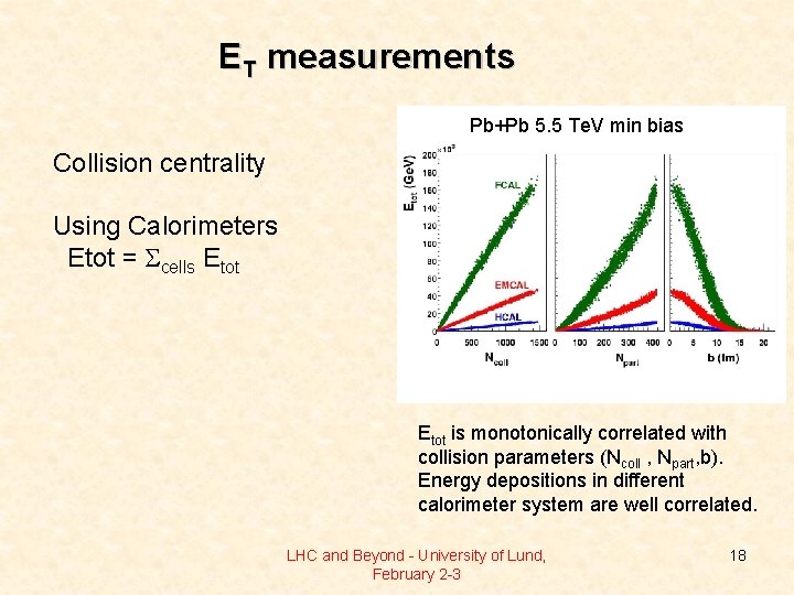 ET measurements Pb+Pb 5. 5 Te. V min bias Collision centrality Using Calorimeters Etot