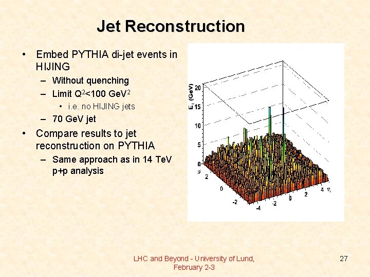 Jet Reconstruction • Embed PYTHIA di-jet events in HIJING – Without quenching – Limit