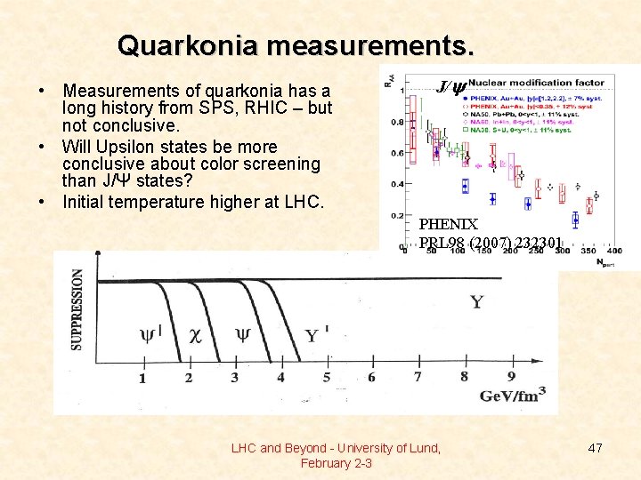 Quarkonia measurements. • Measurements of quarkonia has a long history from SPS, RHIC –