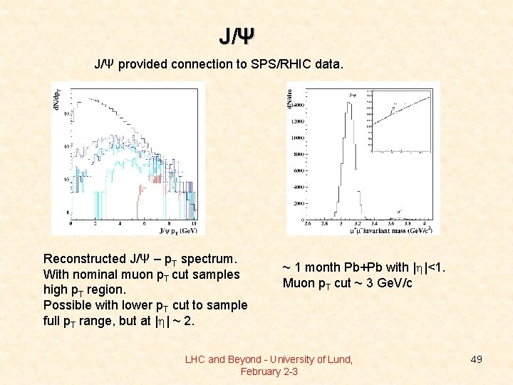 J/Ψ provided connection to SPS/RHIC data. Reconstructed J/Ψ – p. T spectrum. With nominal