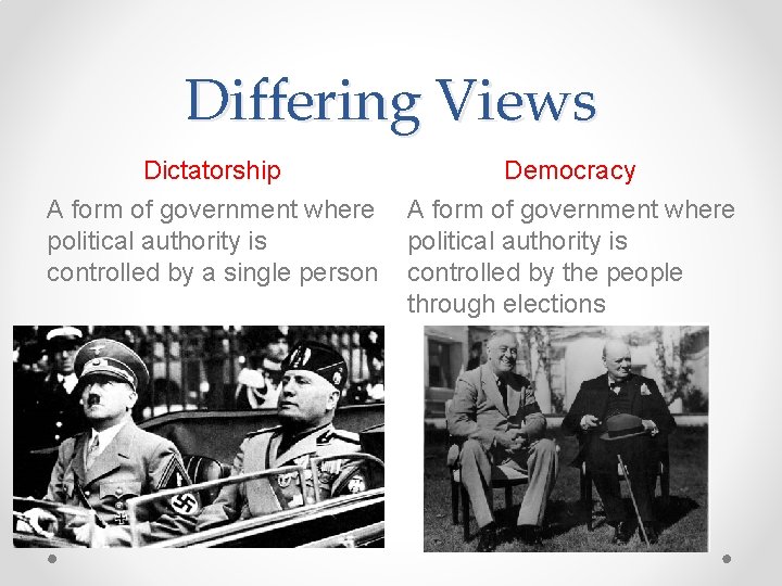 Differing Views Dictatorship Democracy A form of government where political authority is controlled by
