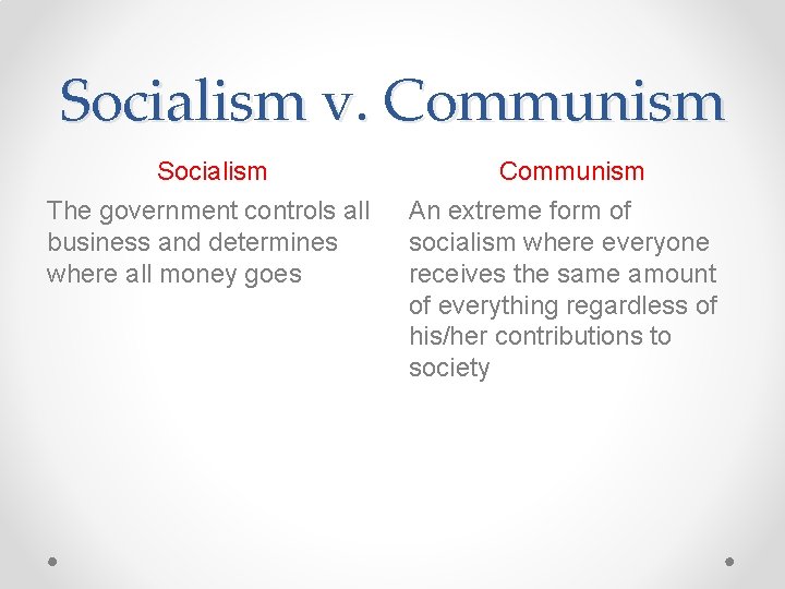 Socialism v. Communism Socialism The government controls all business and determines where all money