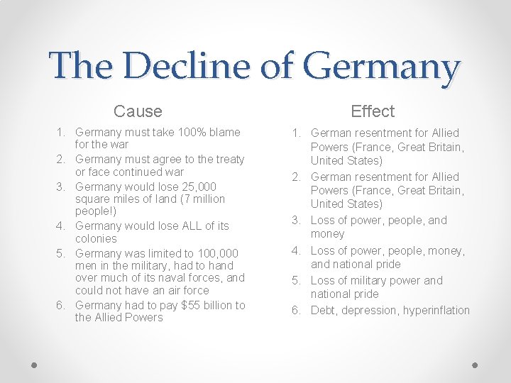 The Decline of Germany Cause 1. Germany must take 100% blame for the war