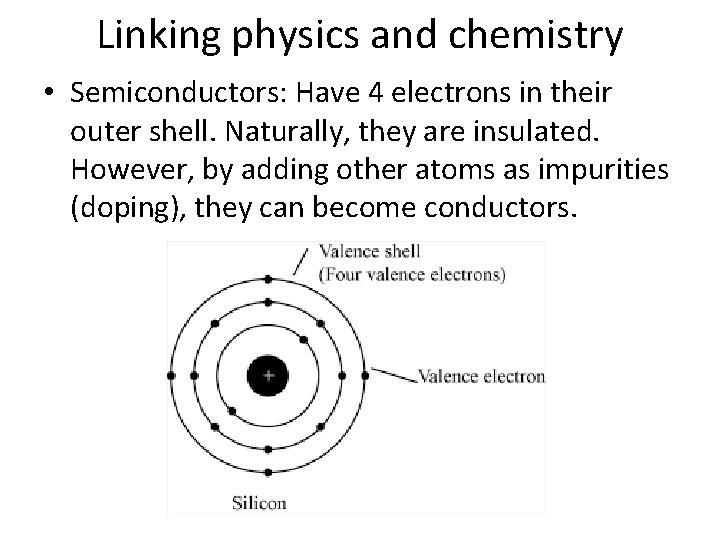 Linking physics and chemistry • Semiconductors: Have 4 electrons in their outer shell. Naturally,