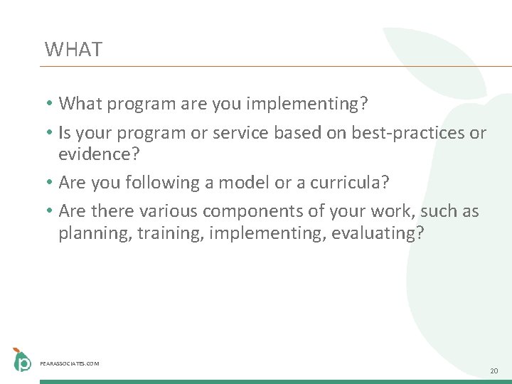 WHAT • What program are you implementing? • Is your program or service based