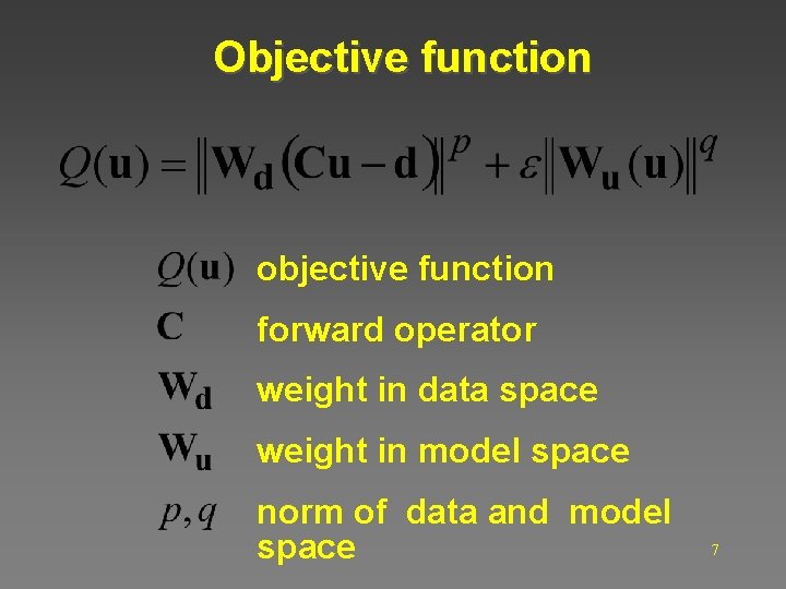 Objective function objective function forward operator weight in data space weight in model space