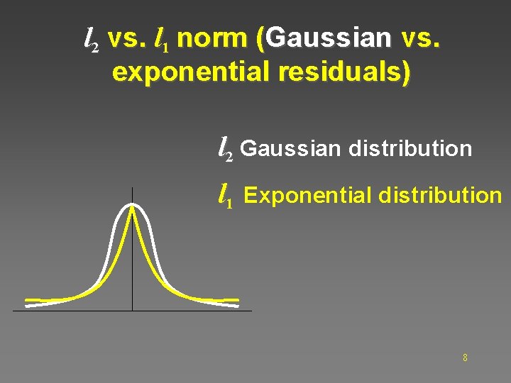 l 2 vs. l 1 norm (Gaussian vs. exponential residuals) l 2 Gaussian distribution