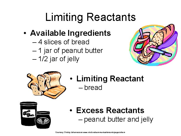 Limiting Reactants • Available Ingredients – 4 slices of bread – 1 jar of