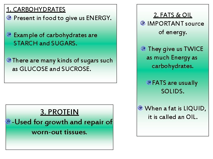 1. CARBOHYDRATES Present in food to give us ENERGY. Example of carbohydrates are STARCH